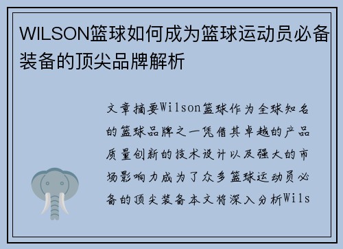 WILSON篮球如何成为篮球运动员必备装备的顶尖品牌解析